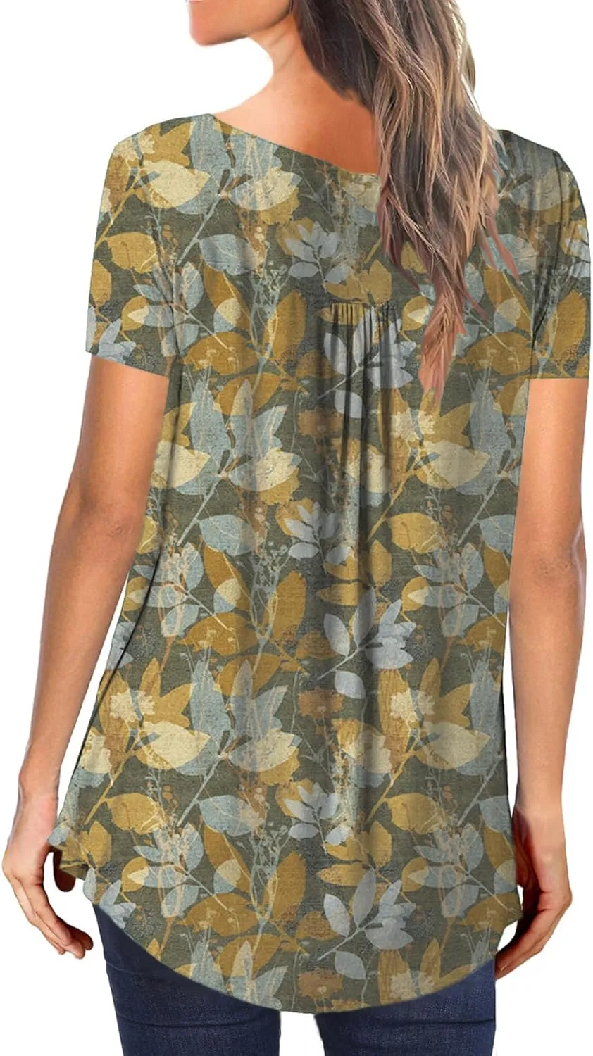 MAYAMANG Women's Floral Tunic Tops Casual Blouse V Neck Short Sleeve Buttons Up T-Shirts
