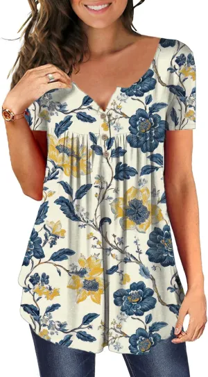 MAYAMANG Women's Floral Tunic Tops Casual Blouse V Neck Short Sleeve Buttons Up T-Shirts