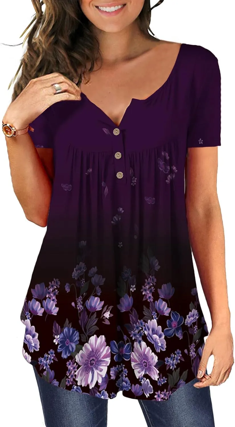 MAYAMANG Women's Floral Tunic Tops Casual Blouse V Neck Short Sleeve Buttons Up T-Shirts