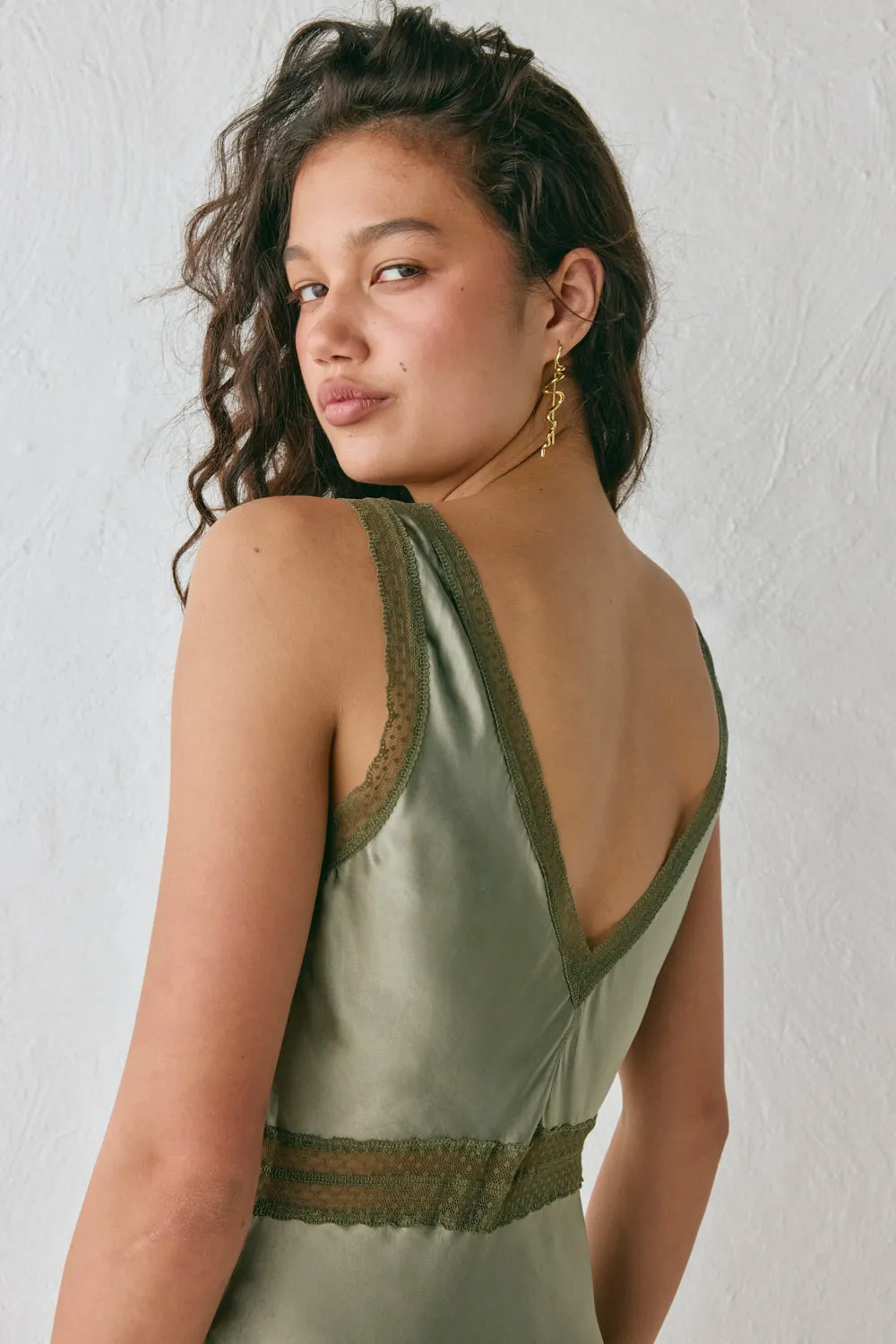 Meet Me On The Dance Floor Bias Cut Maxi Dress Olive