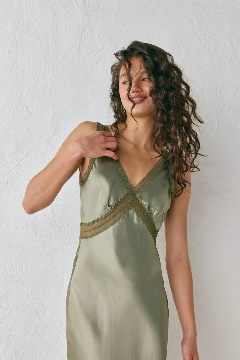 Meet Me On The Dance Floor Bias Cut Maxi Dress Olive