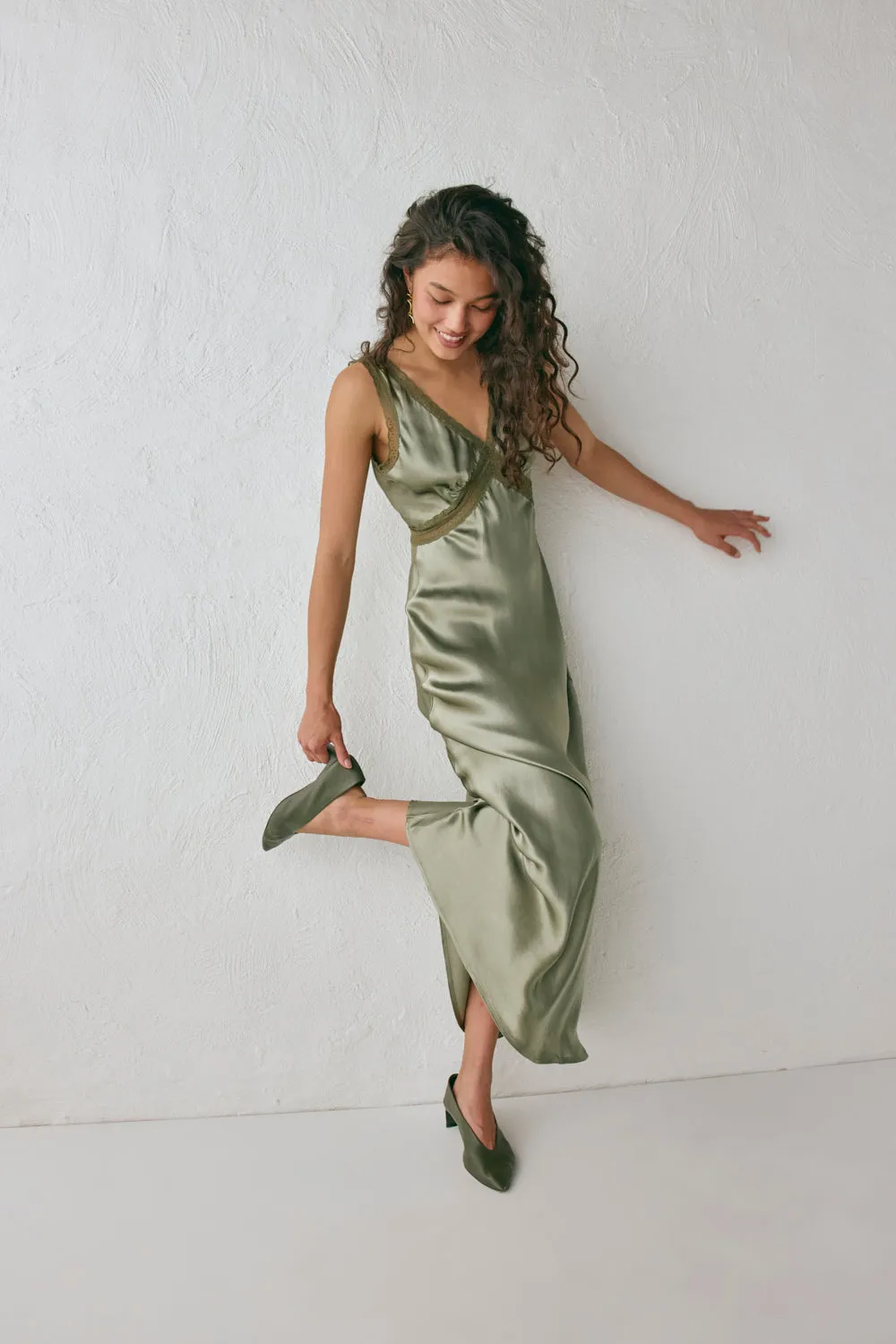 Meet Me On The Dance Floor Bias Cut Maxi Dress Olive
