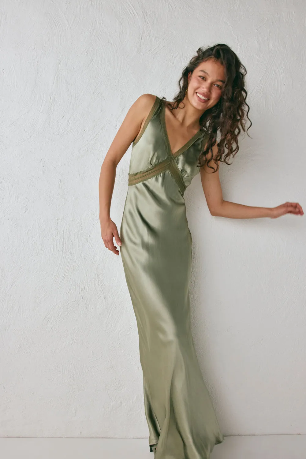 Meet Me On The Dance Floor Bias Cut Maxi Dress Olive