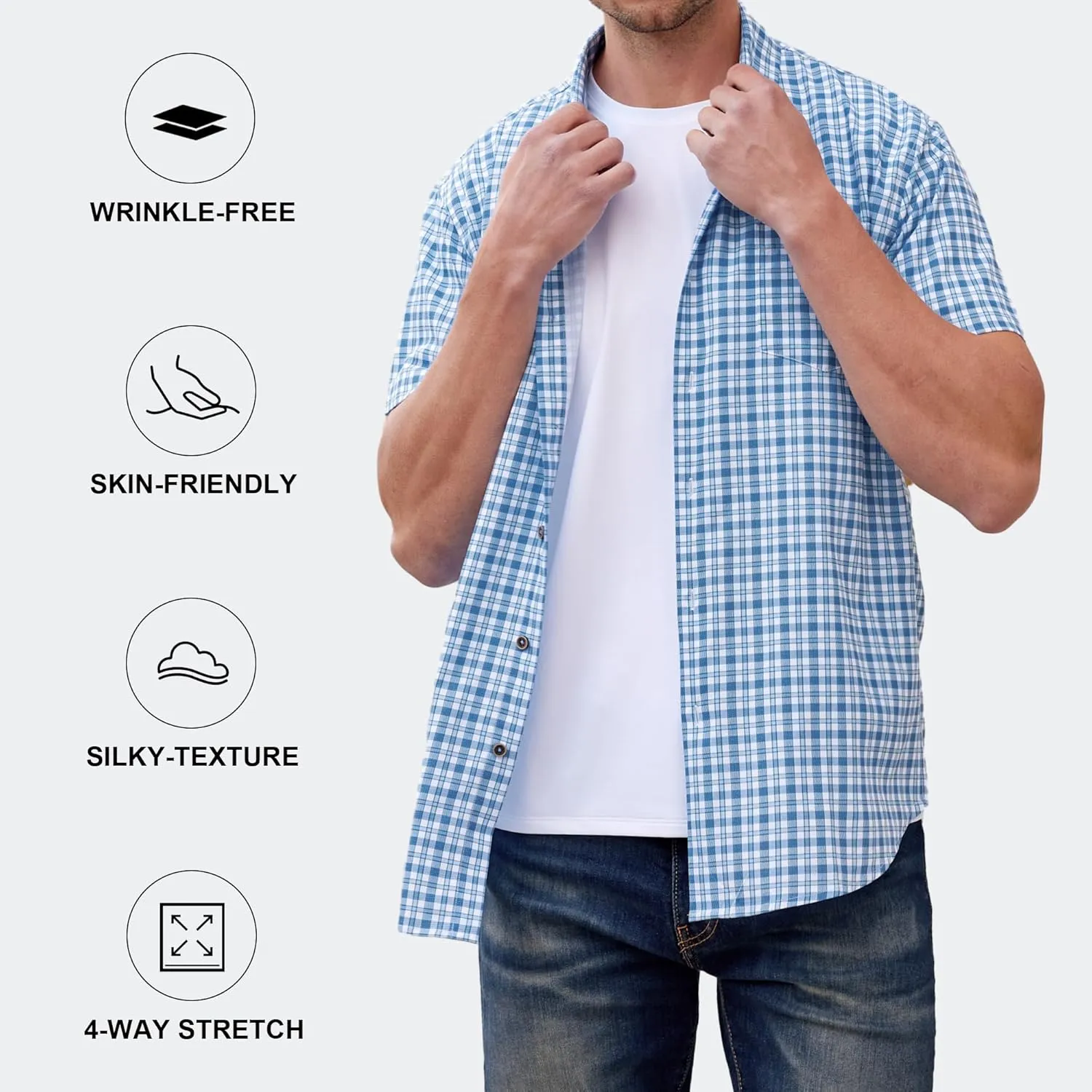 Mens Casual Button Down Shirts Wrinkle Free 4-Way Stretch Dress Shirs Short Sleeve Plaid Summer Shirts for Men