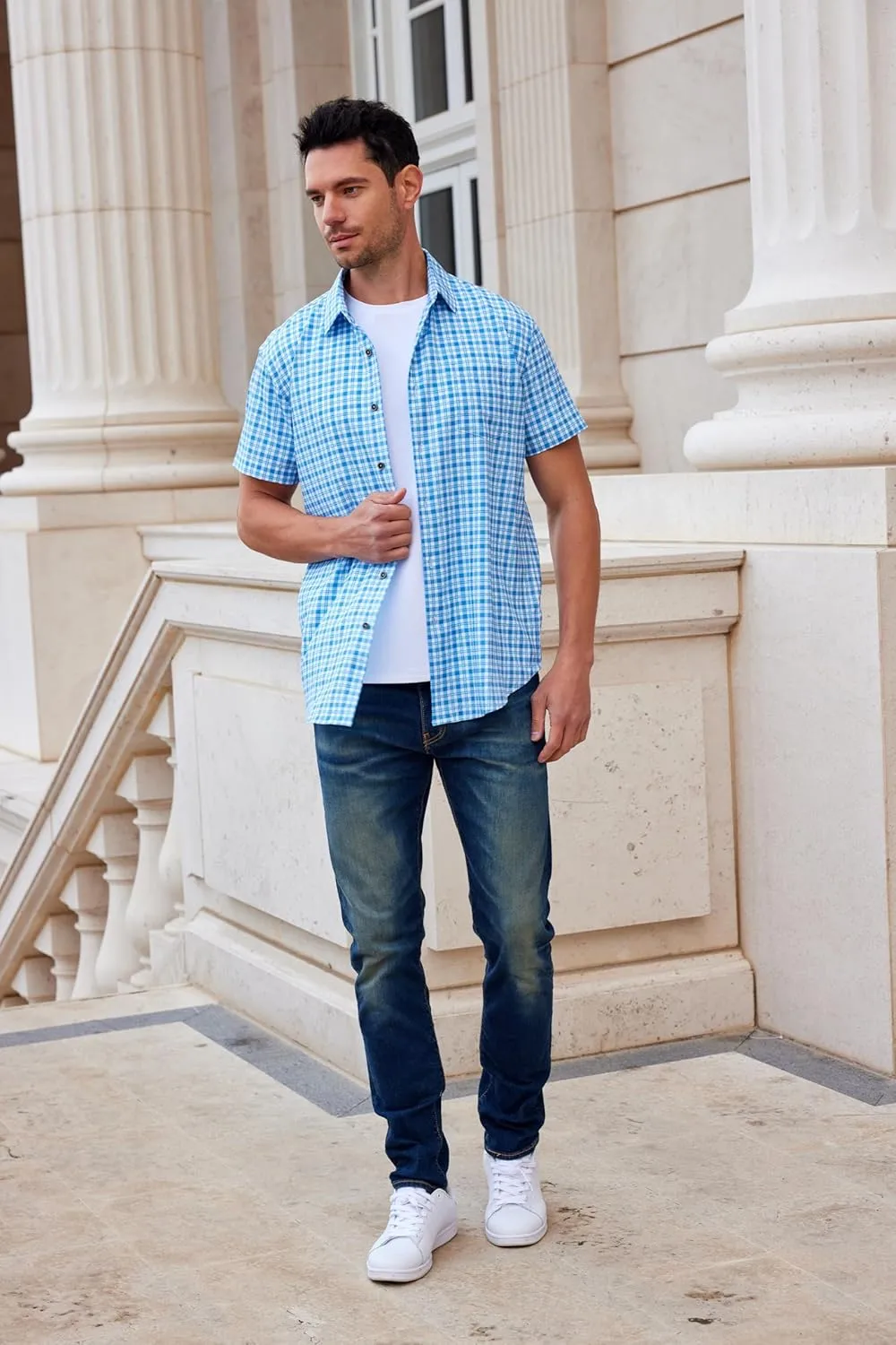 Mens Casual Button Down Shirts Wrinkle Free 4-Way Stretch Dress Shirs Short Sleeve Plaid Summer Shirts for Men