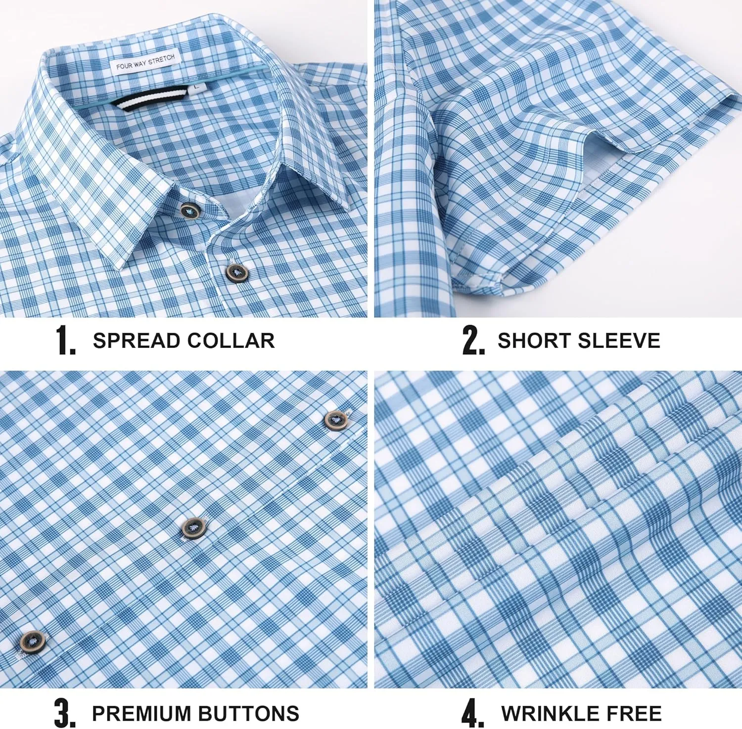 Mens Casual Button Down Shirts Wrinkle Free 4-Way Stretch Dress Shirs Short Sleeve Plaid Summer Shirts for Men