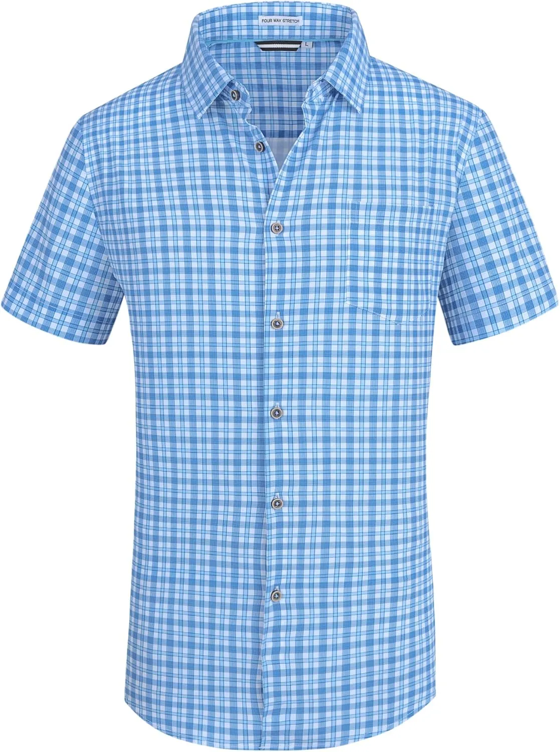 Mens Casual Button Down Shirts Wrinkle Free 4-Way Stretch Dress Shirs Short Sleeve Plaid Summer Shirts for Men