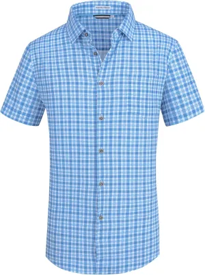 Mens Casual Button Down Shirts Wrinkle Free 4-Way Stretch Dress Shirs Short Sleeve Plaid Summer Shirts for Men