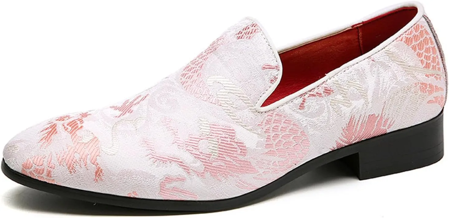 Men's Floral Satin Slip-On Dress Shoes - Wedding & Party Formal Shoes with Shine Details
