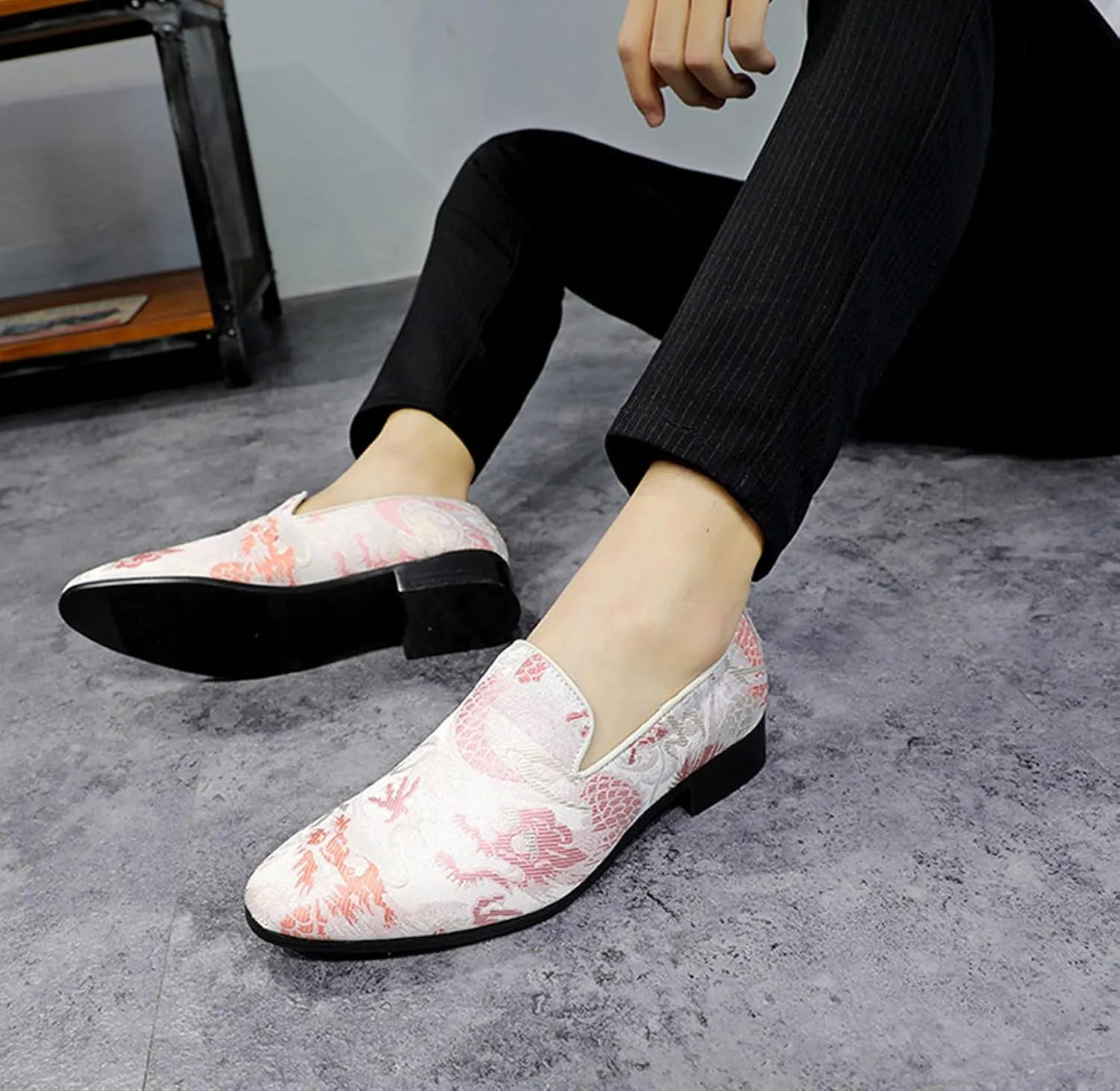 Men's Floral Satin Slip-On Dress Shoes - Wedding & Party Formal Shoes with Shine Details