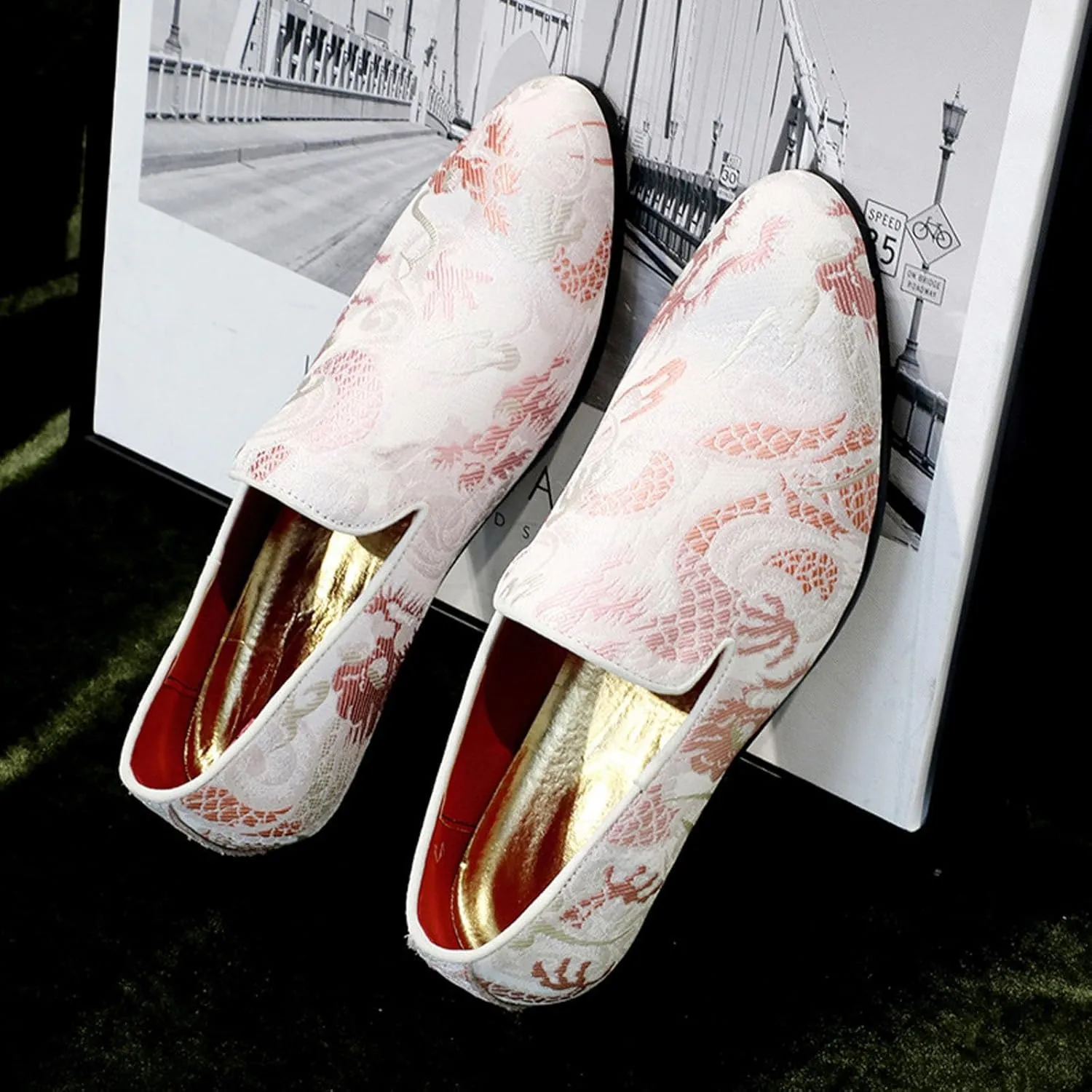 Men's Floral Satin Slip-On Dress Shoes - Wedding & Party Formal Shoes with Shine Details