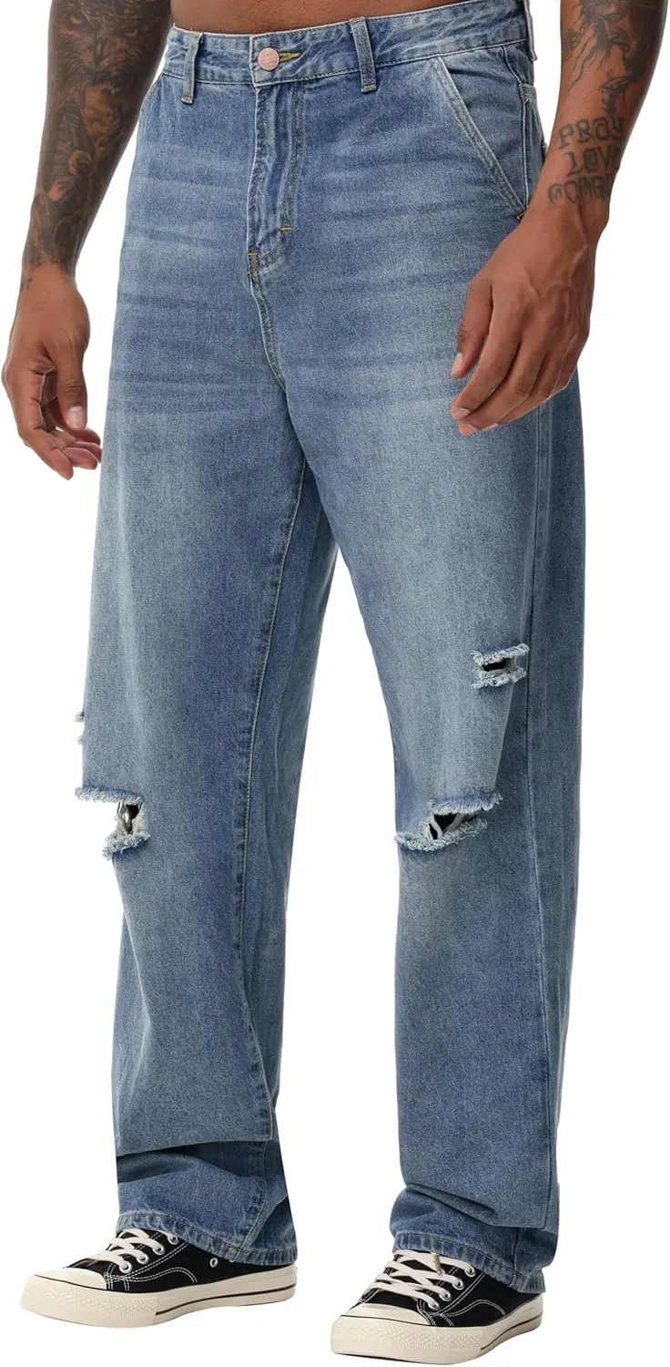 Men's Non-Stretch Loose Fit Wide-Leg Baggy Jeans Pants