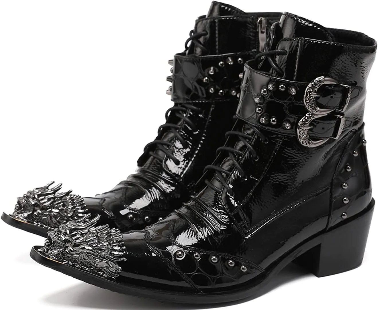 Mens Oxfords Boots Casual Dress Cowboy Boots Genuine Leather Metal Wingtip Toe Rivets Western Boots Fashion Ballroom Tuxedo Party Disco Rock Singer Prom Wedding Mid Top Boots for Men
