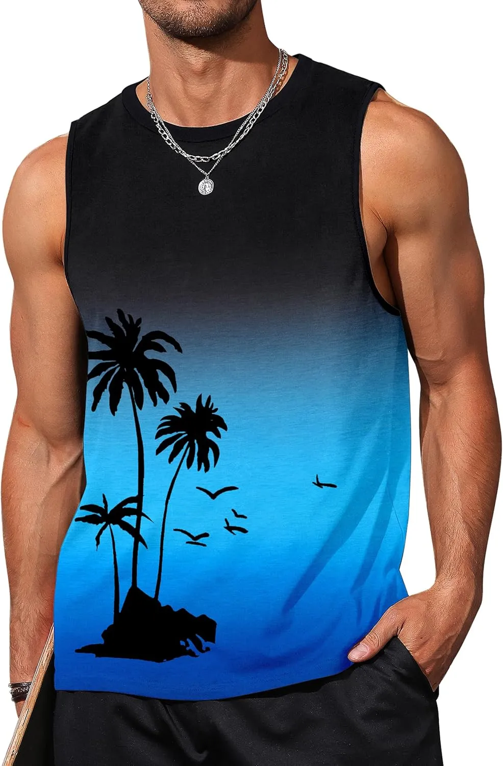 Mens Tank Tops Beach Summer Sleeveless Shirts Graphic Palm Tree Vacation Tanks Muscle Gym Tank Top