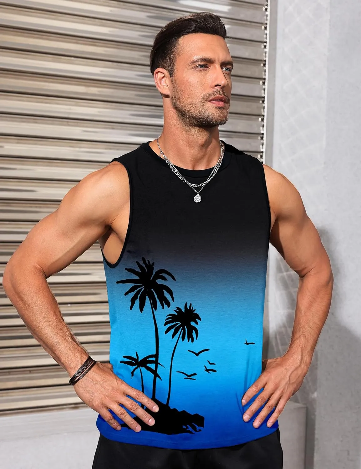 Mens Tank Tops Beach Summer Sleeveless Shirts Graphic Palm Tree Vacation Tanks Muscle Gym Tank Top