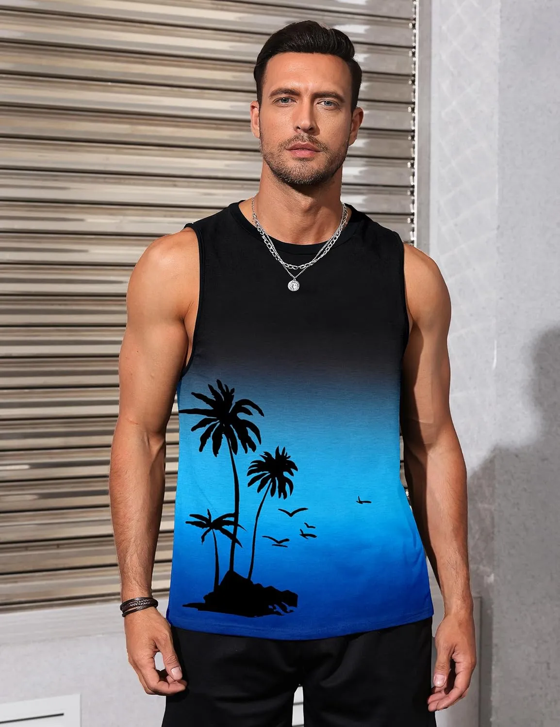 Mens Tank Tops Beach Summer Sleeveless Shirts Graphic Palm Tree Vacation Tanks Muscle Gym Tank Top
