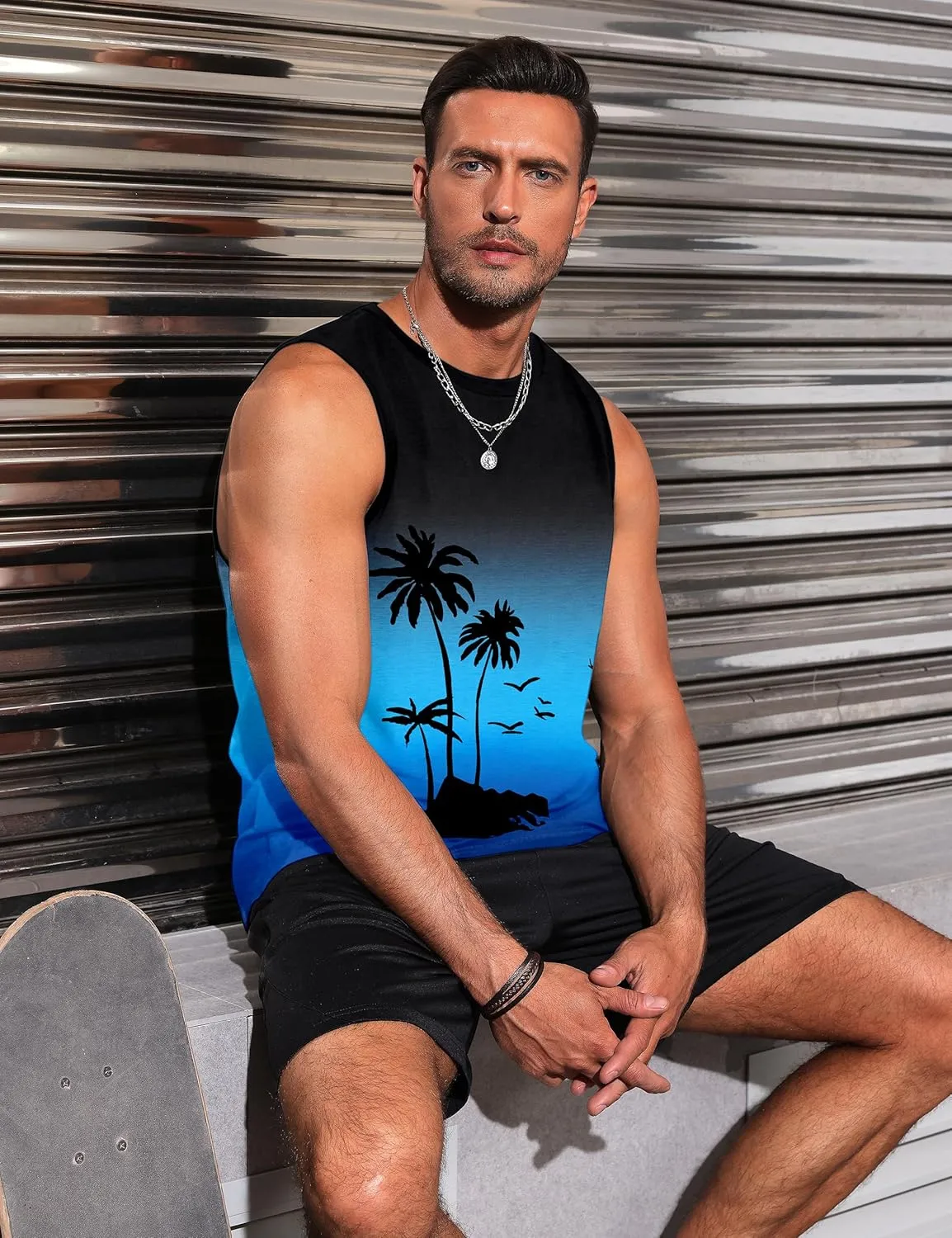 Mens Tank Tops Beach Summer Sleeveless Shirts Graphic Palm Tree Vacation Tanks Muscle Gym Tank Top