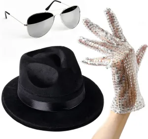 Michael Jackson Costume - Set of 3 - Fedora Hat, Sparkling Sequin Gloves and Silver Aviator Sunglass- Elegant 80’s and 90’s Themed Party Outfits