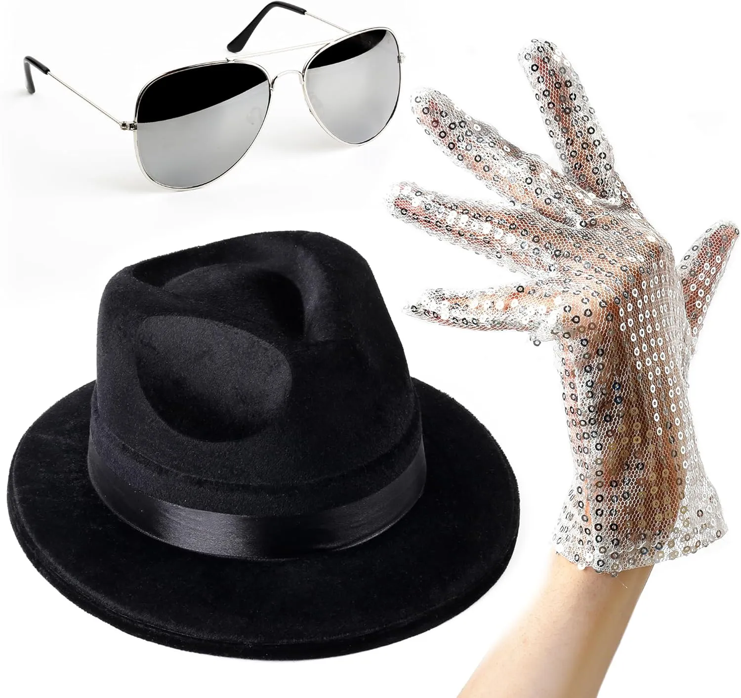 Michael Jackson Costume - Set of 3 - Fedora Hat, Sparkling Sequin Gloves and Silver Aviator Sunglass- Elegant 80’s and 90’s Themed Party Outfits