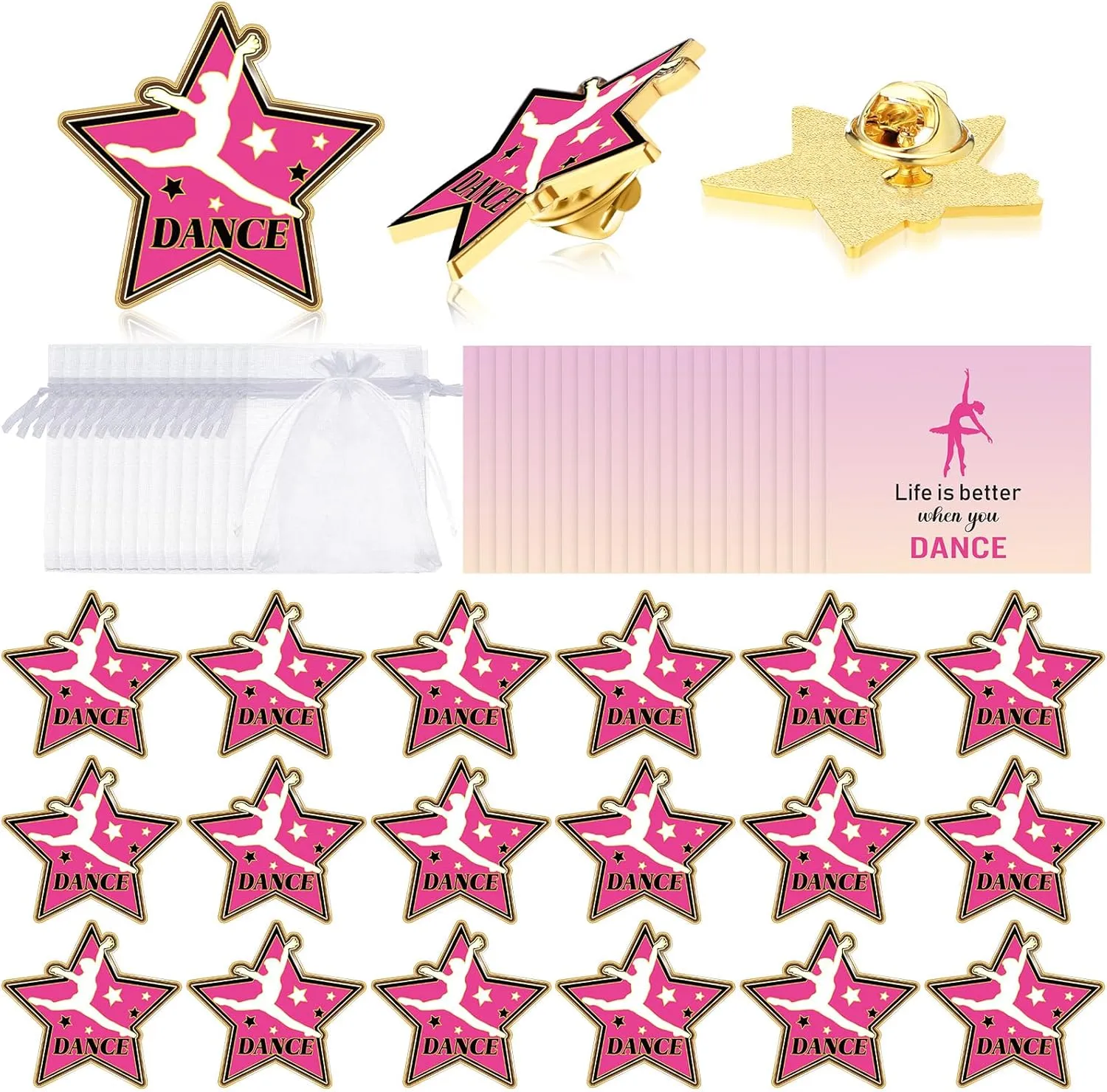 Misdary 24 Set Dance Gifts Include Ballet Lapel Pins Card Organza Bags for Dance Party Favors Ballet Award Pins Cute Button Birthday Graduation Gifts