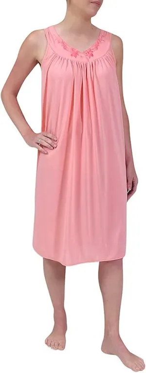 Miss Elaine Nightgown - Women's Short Nylon Tricot Gown, Sleeveless Gown with Petal Embroidery at Round Neck