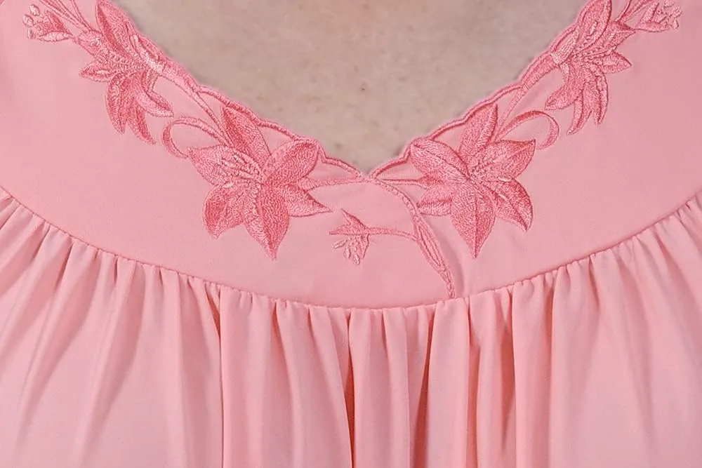 Miss Elaine Nightgown - Women's Short Nylon Tricot Gown, Sleeveless Gown with Petal Embroidery at Round Neck