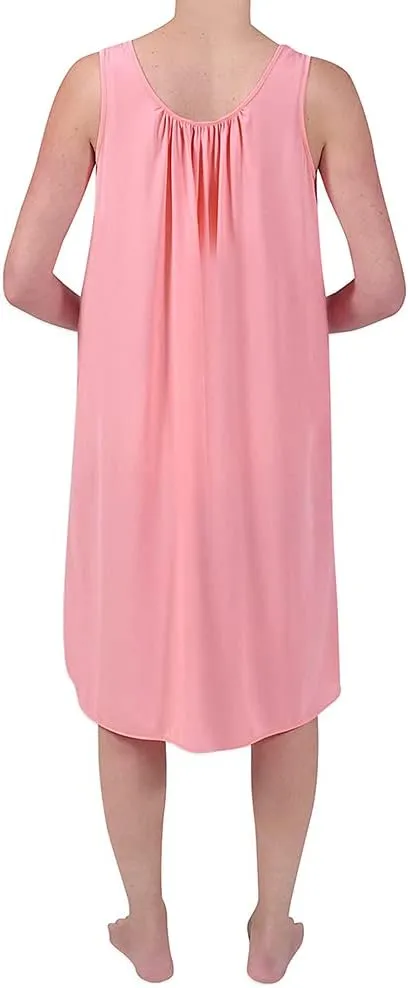 Miss Elaine Nightgown - Women's Short Nylon Tricot Gown, Sleeveless Gown with Petal Embroidery at Round Neck