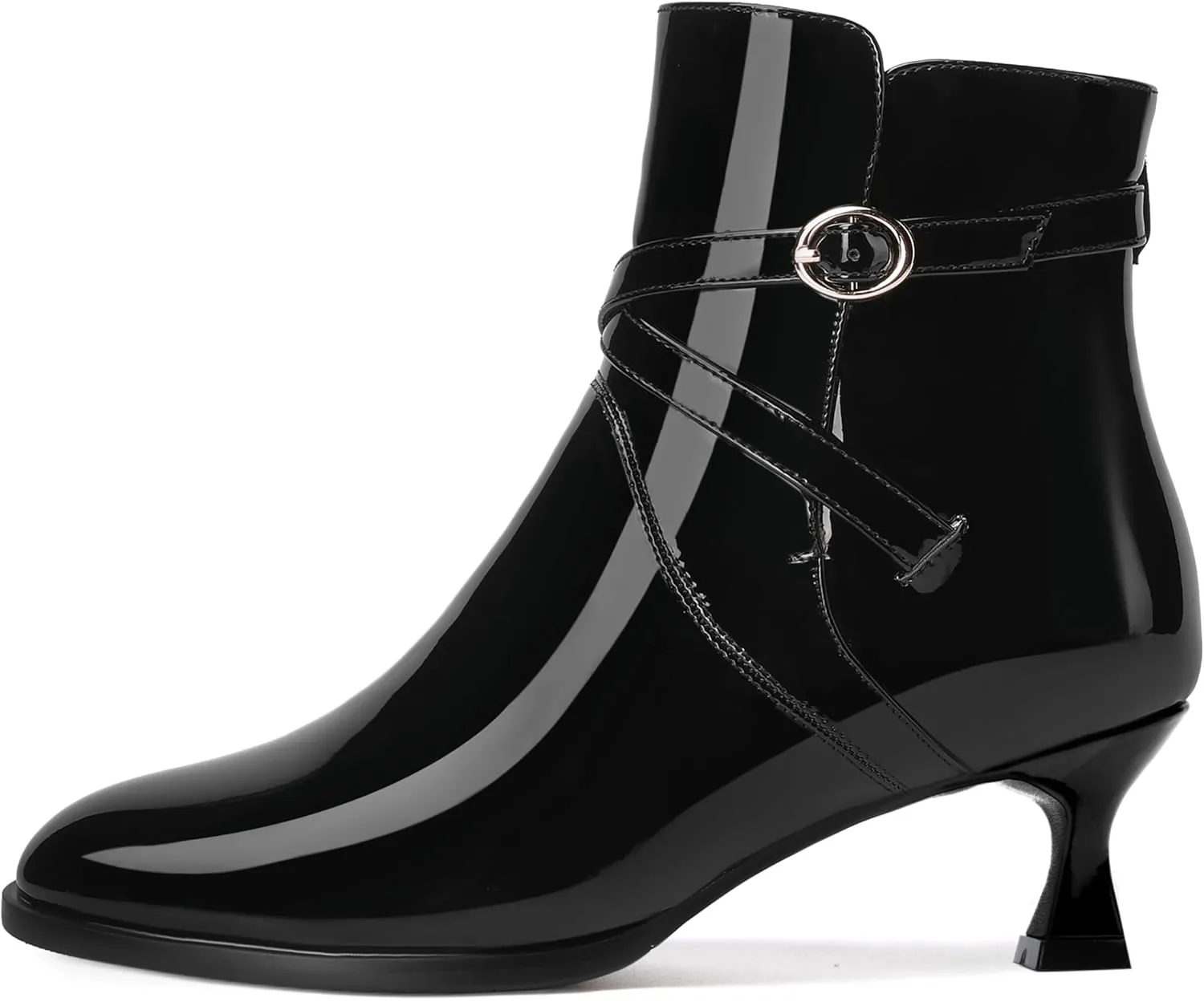 MODENCOCO Womens Dating Patent Dress Buckle Round Toe Ankle Strap Zip Kitten Low Heel Ankle High Boots 2 Inch