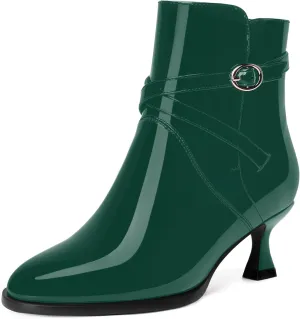 MODENCOCO Womens Dating Patent Dress Buckle Round Toe Ankle Strap Zip Kitten Low Heel Ankle High Boots 2 Inch