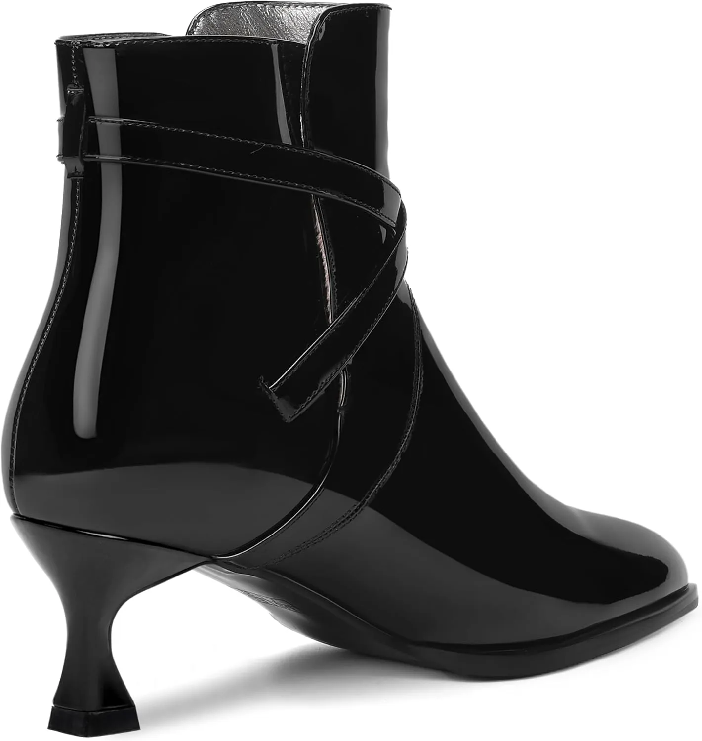 MODENCOCO Womens Dating Patent Dress Buckle Round Toe Ankle Strap Zip Kitten Low Heel Ankle High Boots 2 Inch
