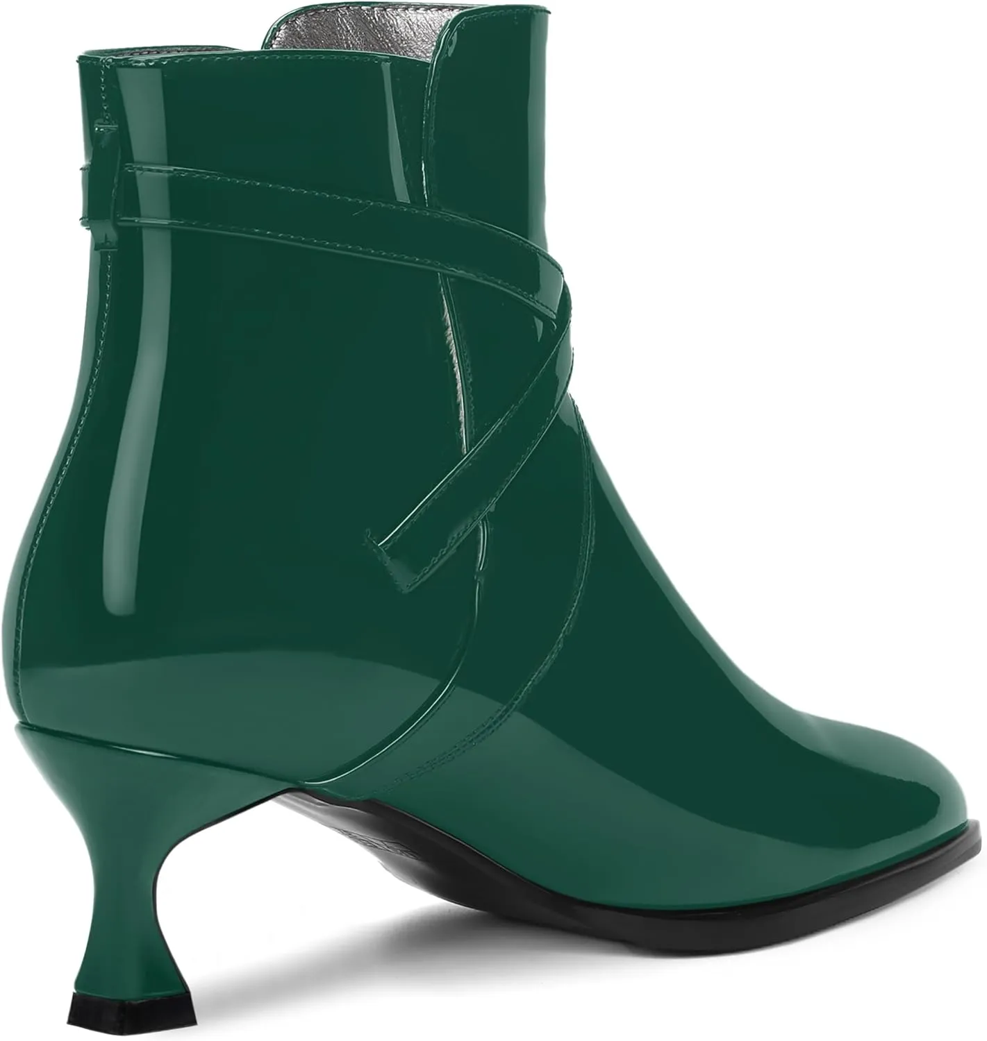 MODENCOCO Womens Dating Patent Dress Buckle Round Toe Ankle Strap Zip Kitten Low Heel Ankle High Boots 2 Inch