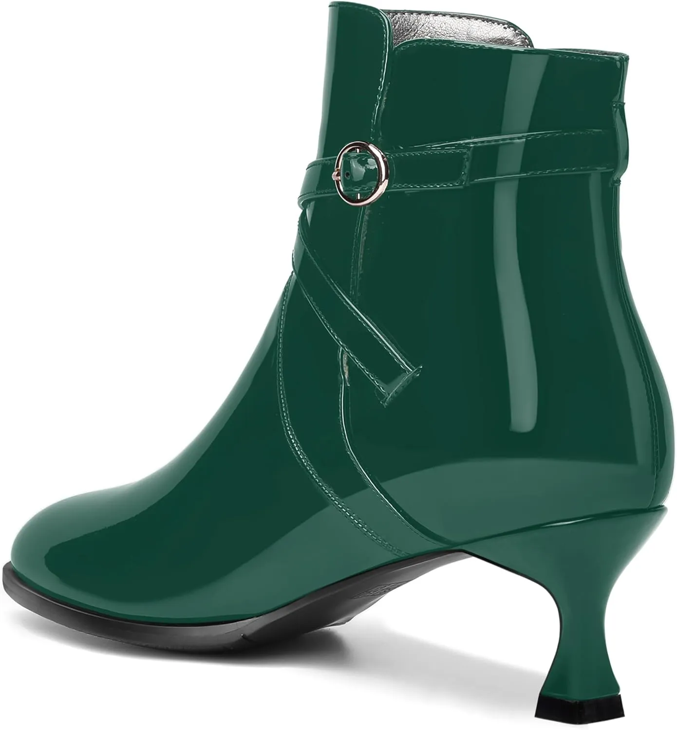 MODENCOCO Womens Dating Patent Dress Buckle Round Toe Ankle Strap Zip Kitten Low Heel Ankle High Boots 2 Inch