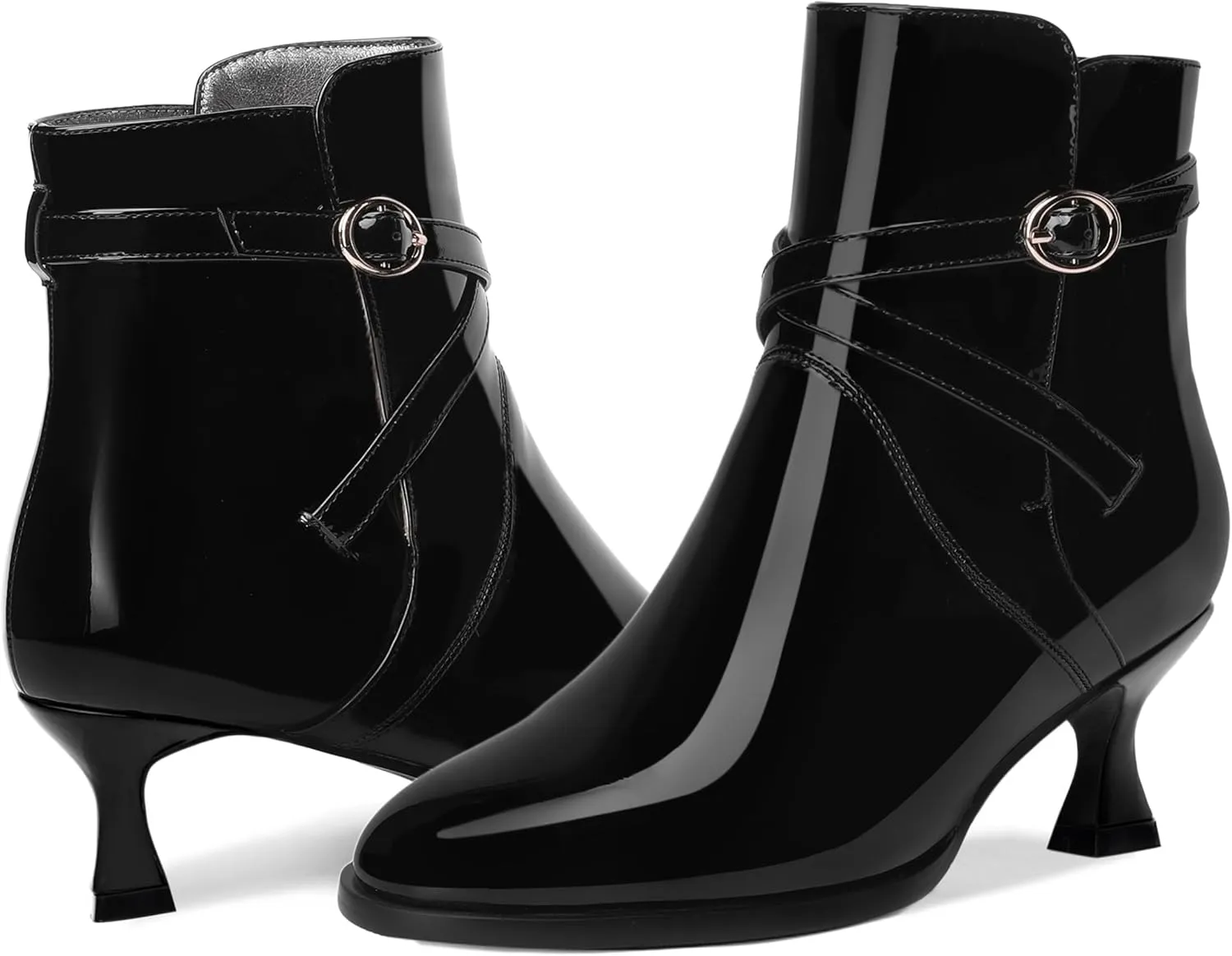 MODENCOCO Womens Dating Patent Dress Buckle Round Toe Ankle Strap Zip Kitten Low Heel Ankle High Boots 2 Inch