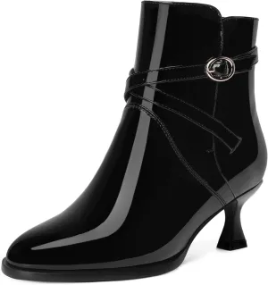 MODENCOCO Womens Dating Patent Dress Buckle Round Toe Ankle Strap Zip Kitten Low Heel Ankle High Boots 2 Inch