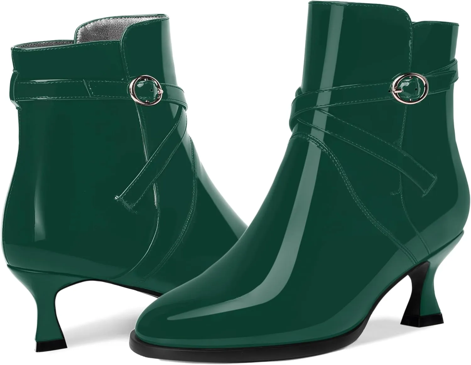 MODENCOCO Womens Dating Patent Dress Buckle Round Toe Ankle Strap Zip Kitten Low Heel Ankle High Boots 2 Inch