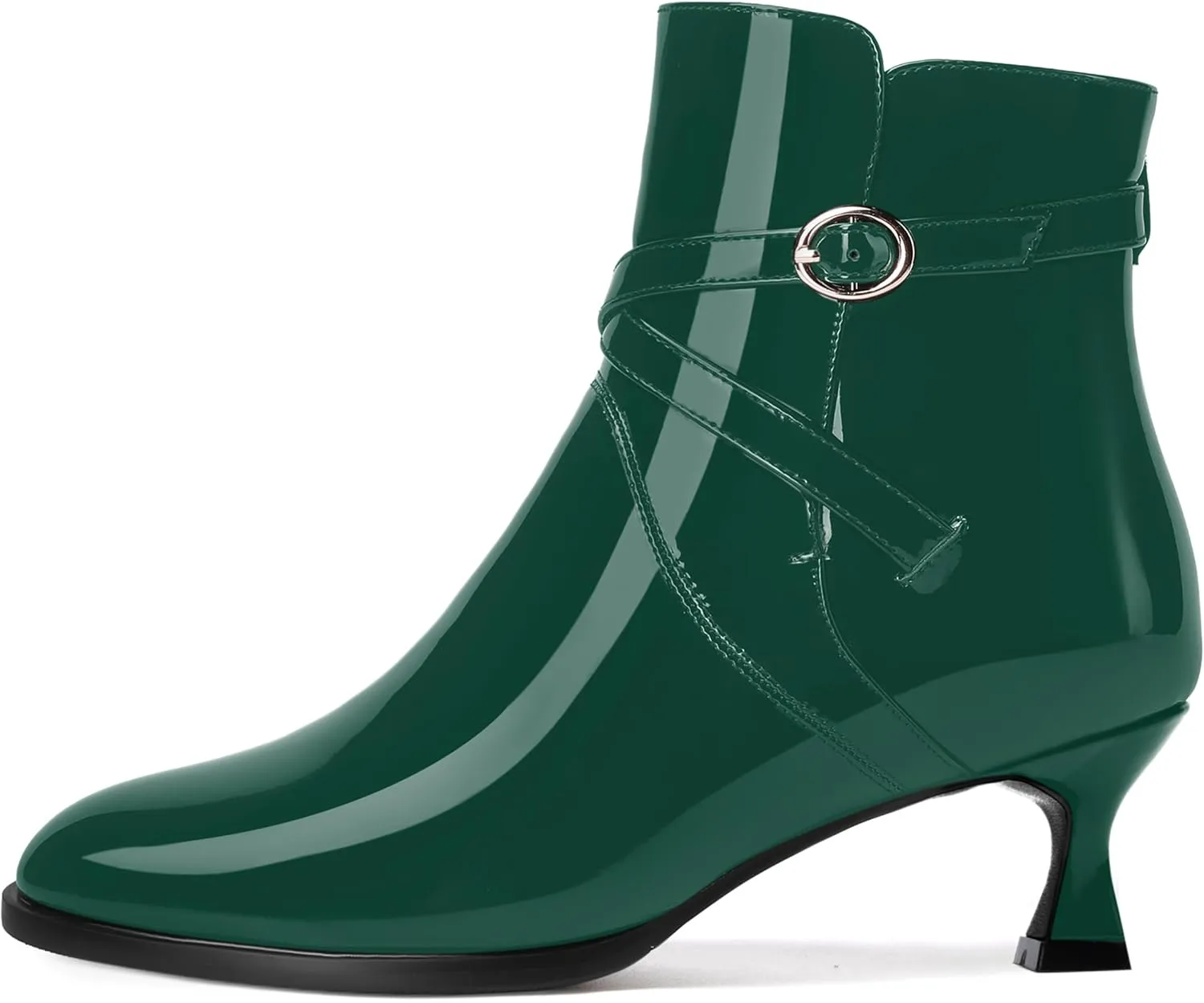 MODENCOCO Womens Dating Patent Dress Buckle Round Toe Ankle Strap Zip Kitten Low Heel Ankle High Boots 2 Inch