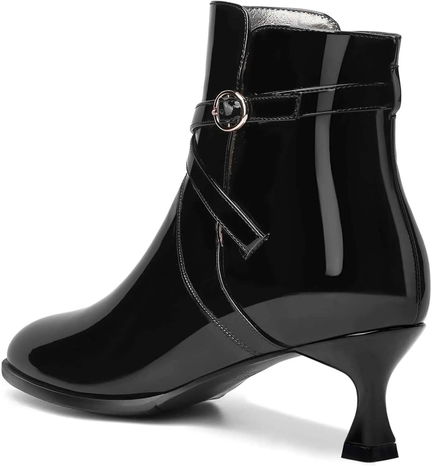 MODENCOCO Womens Dating Patent Dress Buckle Round Toe Ankle Strap Zip Kitten Low Heel Ankle High Boots 2 Inch