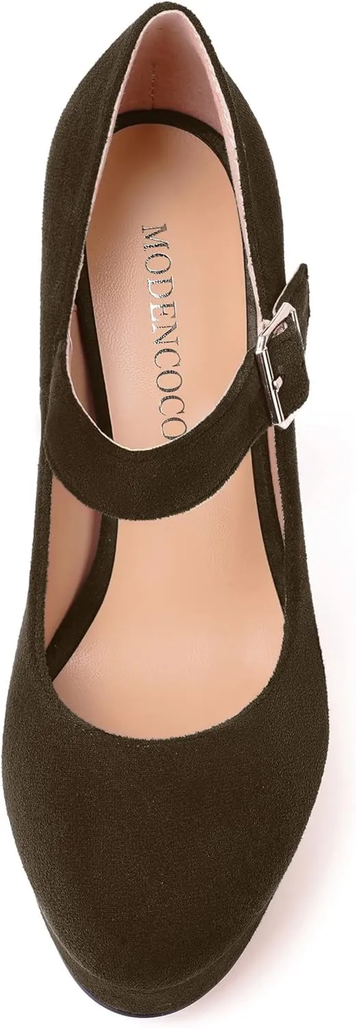 MODENCOCO Womens Fashion Mary Jane Suede Ankle Strap Round Toe Evening Platform Sexy Buckle Block High Heel Pumps Dress Shoes 5 Inch