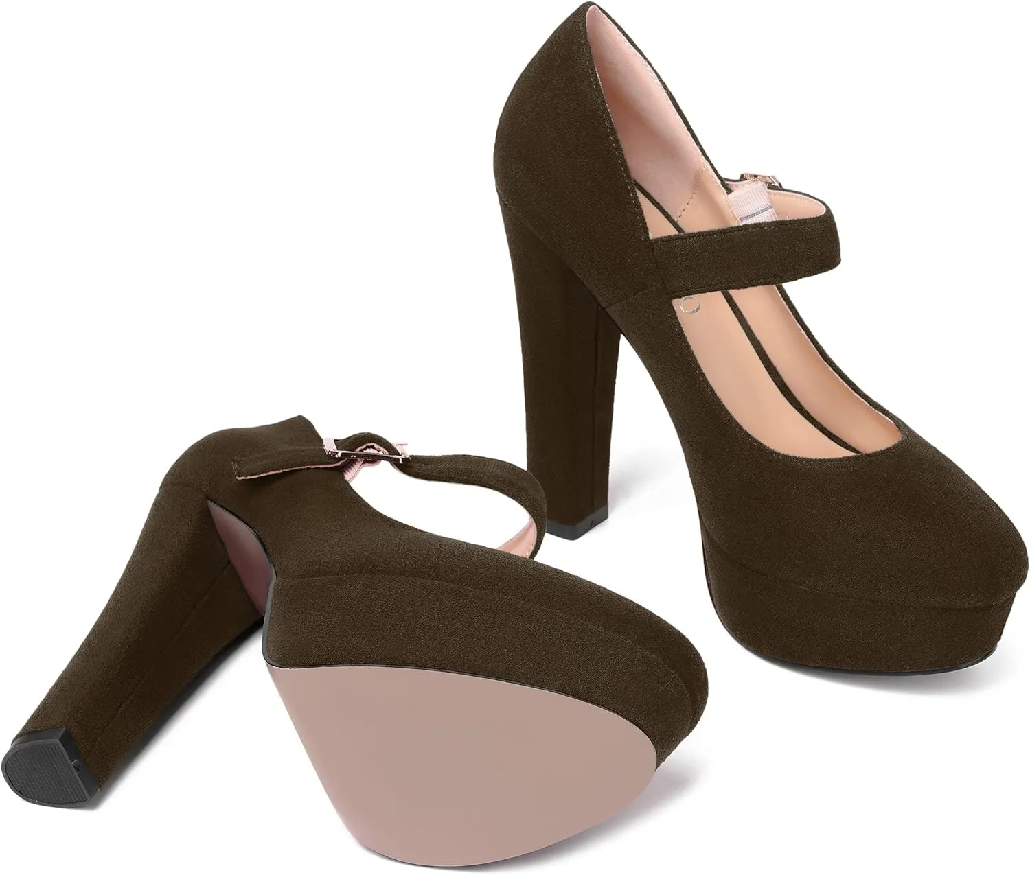 MODENCOCO Womens Fashion Mary Jane Suede Ankle Strap Round Toe Evening Platform Sexy Buckle Block High Heel Pumps Dress Shoes 5 Inch