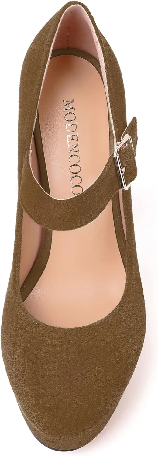 MODENCOCO Womens Fashion Mary Jane Suede Ankle Strap Round Toe Evening Platform Sexy Buckle Block High Heel Pumps Dress Shoes 5 Inch