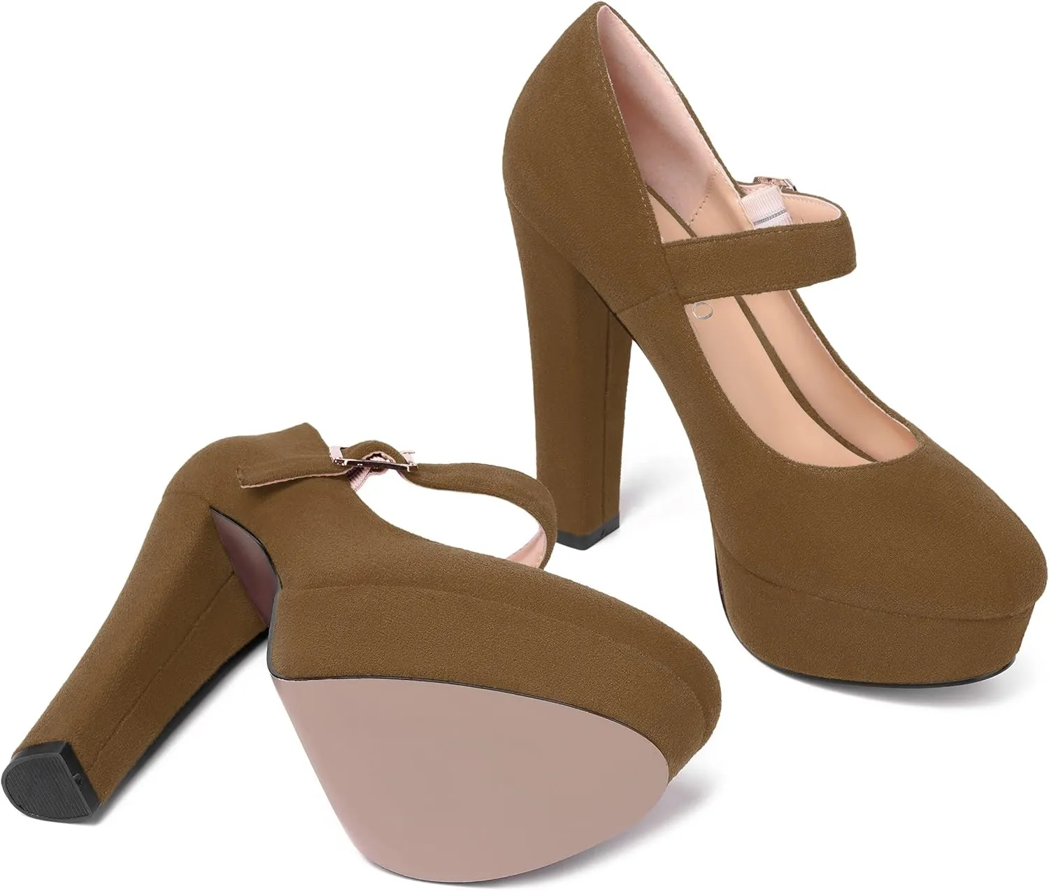 MODENCOCO Womens Fashion Mary Jane Suede Ankle Strap Round Toe Evening Platform Sexy Buckle Block High Heel Pumps Dress Shoes 5 Inch