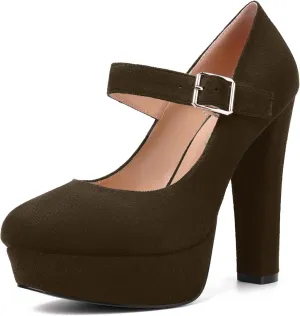 MODENCOCO Womens Fashion Mary Jane Suede Ankle Strap Round Toe Evening Platform Sexy Buckle Block High Heel Pumps Dress Shoes 5 Inch