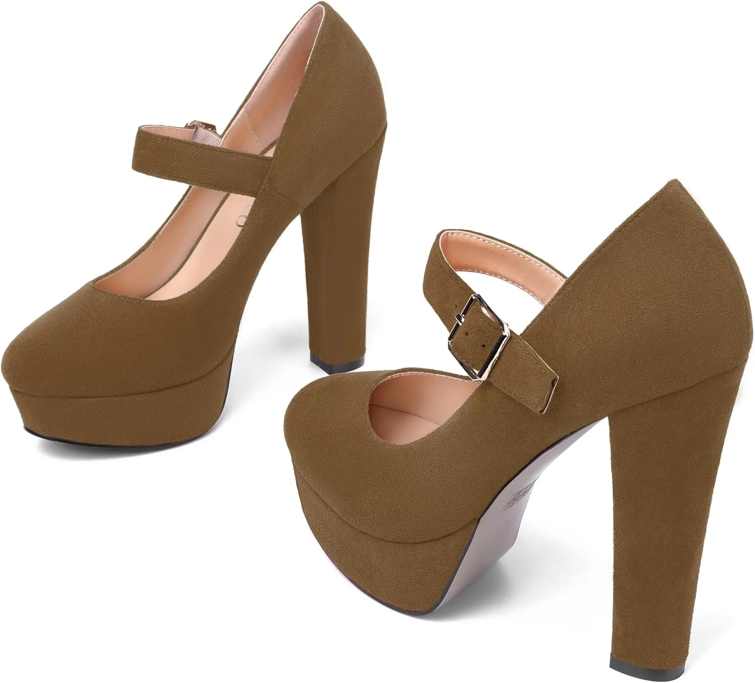 MODENCOCO Womens Fashion Mary Jane Suede Ankle Strap Round Toe Evening Platform Sexy Buckle Block High Heel Pumps Dress Shoes 5 Inch