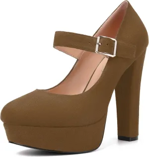 MODENCOCO Womens Fashion Mary Jane Suede Ankle Strap Round Toe Evening Platform Sexy Buckle Block High Heel Pumps Dress Shoes 5 Inch