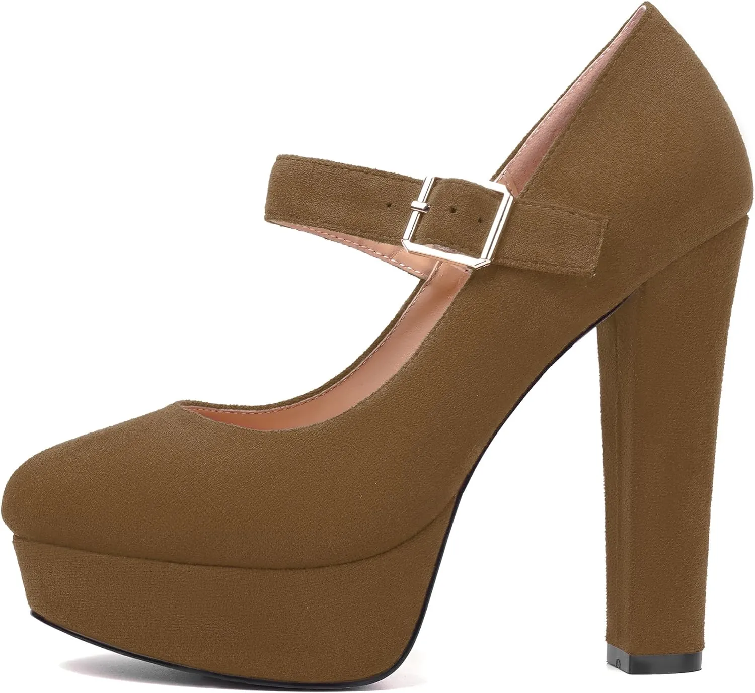 MODENCOCO Womens Fashion Mary Jane Suede Ankle Strap Round Toe Evening Platform Sexy Buckle Block High Heel Pumps Dress Shoes 5 Inch