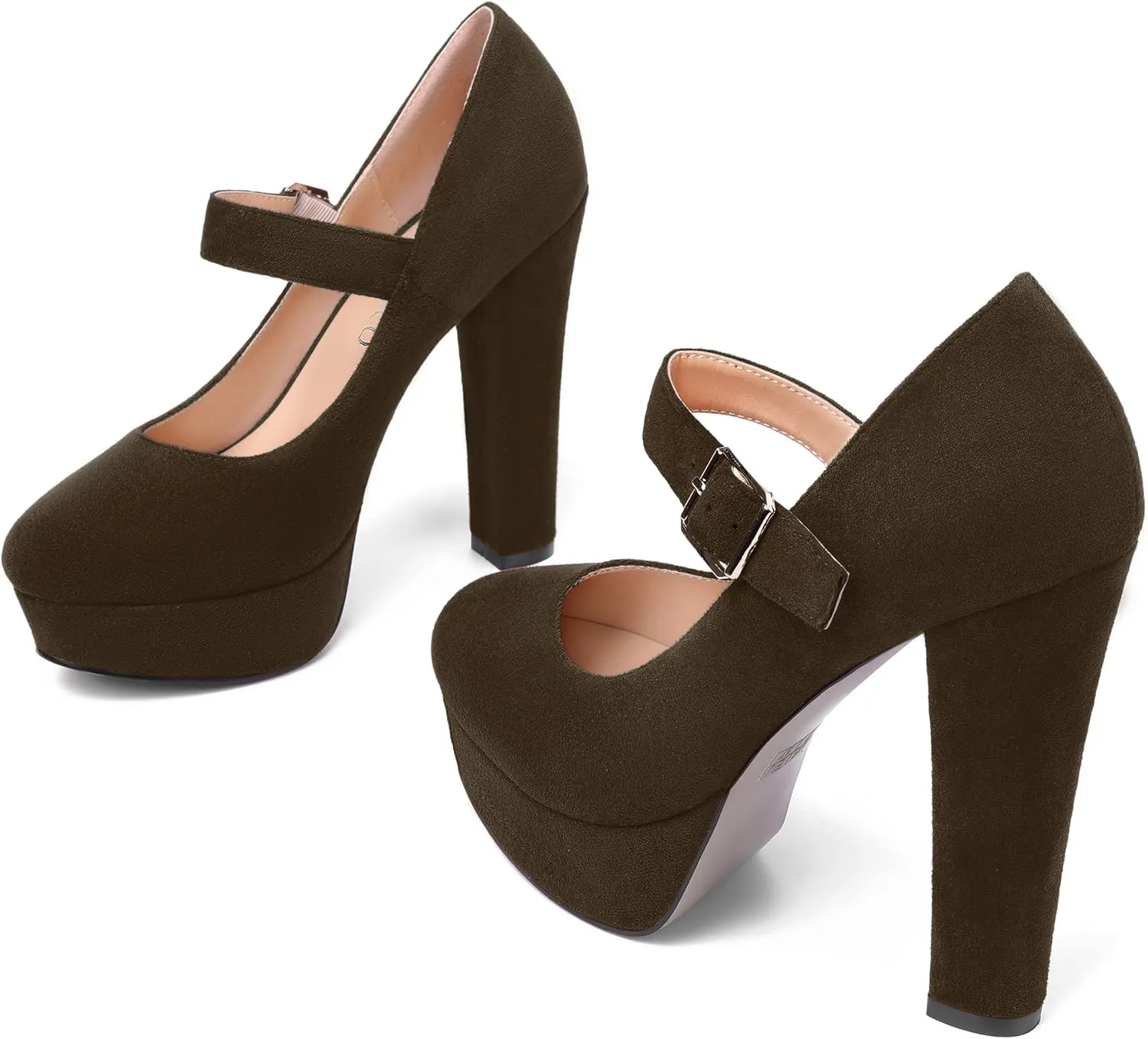 MODENCOCO Womens Fashion Mary Jane Suede Ankle Strap Round Toe Evening Platform Sexy Buckle Block High Heel Pumps Dress Shoes 5 Inch
