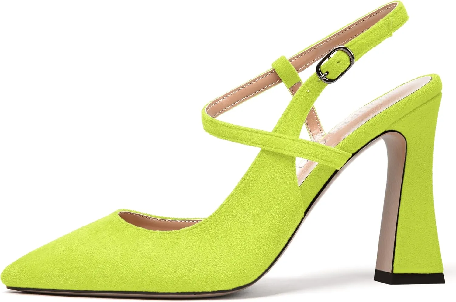 MODENCOCO Womens Fashion Night Club Ankle Strap Sexy Suede Buckle Pointed Toe Block High Heel Pumps Shoes 4 Inch