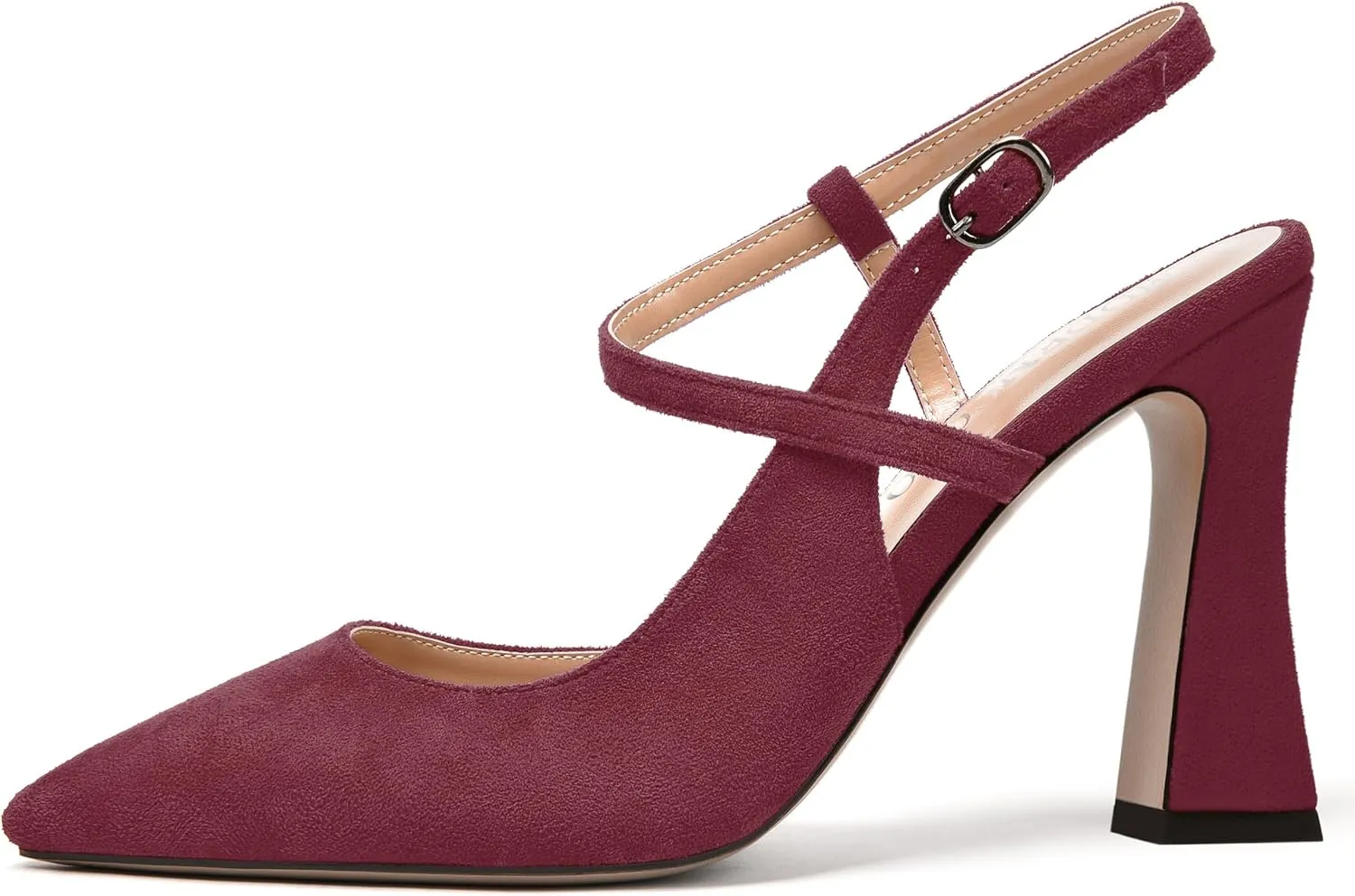 MODENCOCO Womens Fashion Night Club Ankle Strap Sexy Suede Buckle Pointed Toe Block High Heel Pumps Shoes 4 Inch