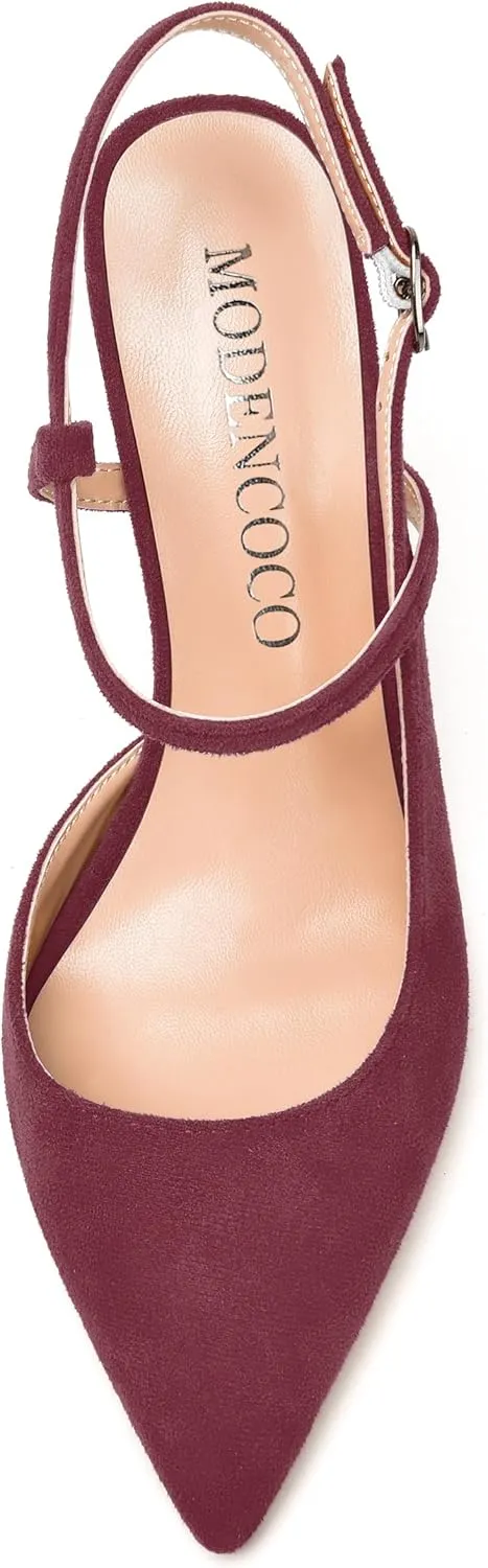 MODENCOCO Womens Fashion Night Club Ankle Strap Sexy Suede Buckle Pointed Toe Block High Heel Pumps Shoes 4 Inch