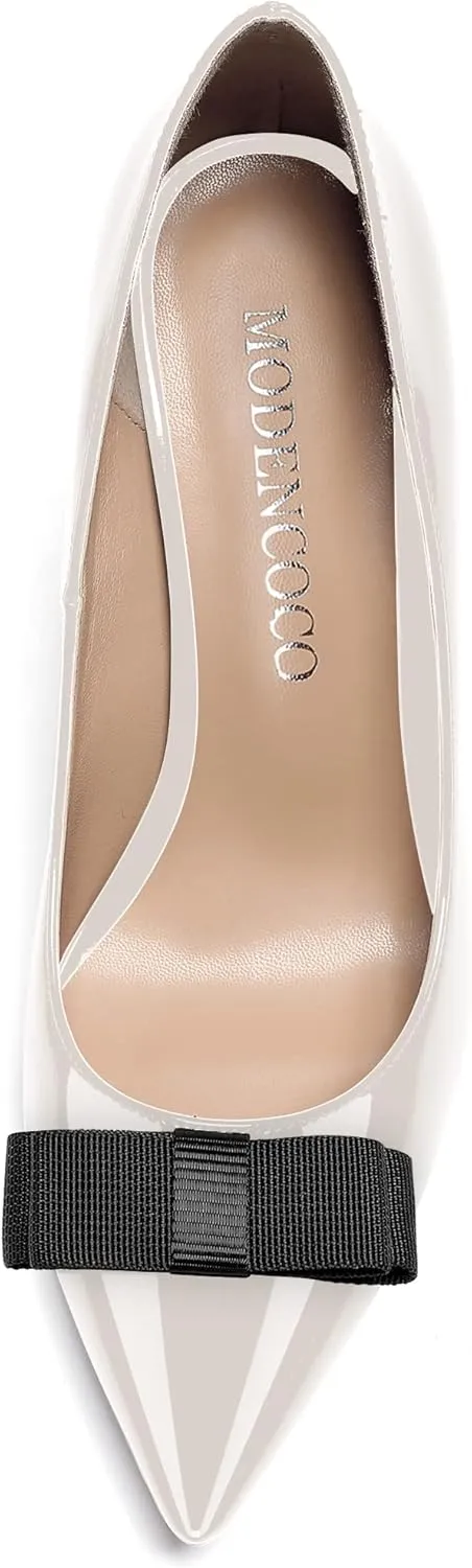 MODENCOCO Women's Pointed Toe Dress Bridal Bow Tie Bow Slip On Patent Stiletto Mid Heel Pumps Shoes 2.5 Inch